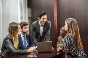 co workers talking about conference